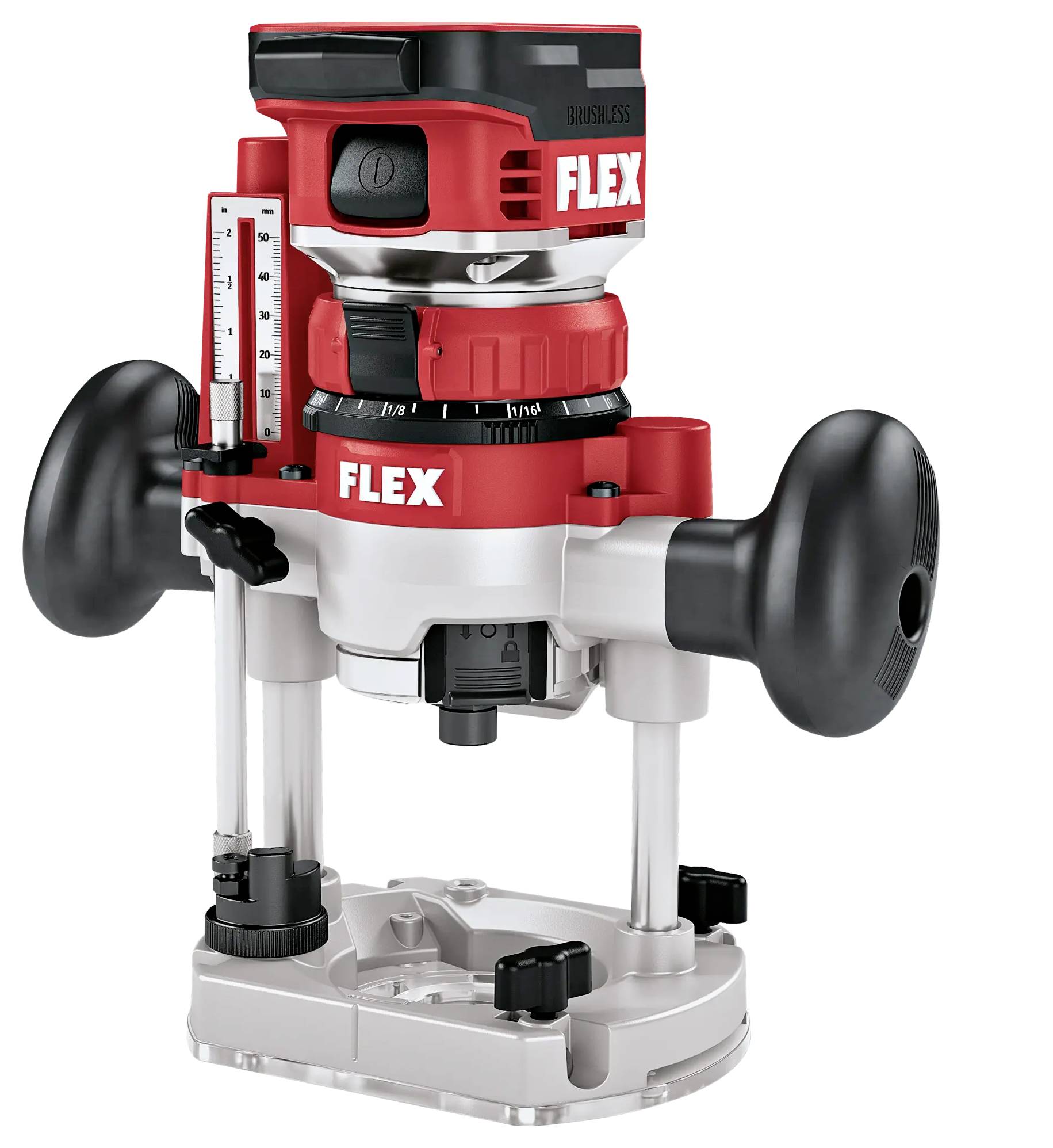 Red and black Flex router with two handles and height adjustment, standing on a grey base.