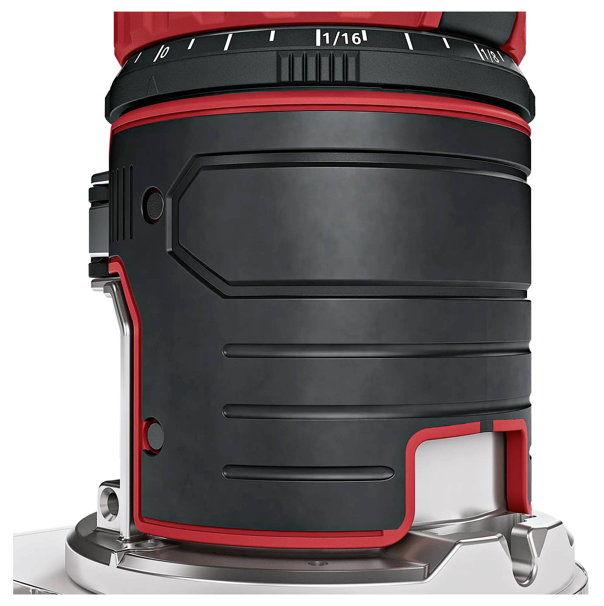 Close-up of a black and red machine component assembly with grade markings that allow precise alignment.