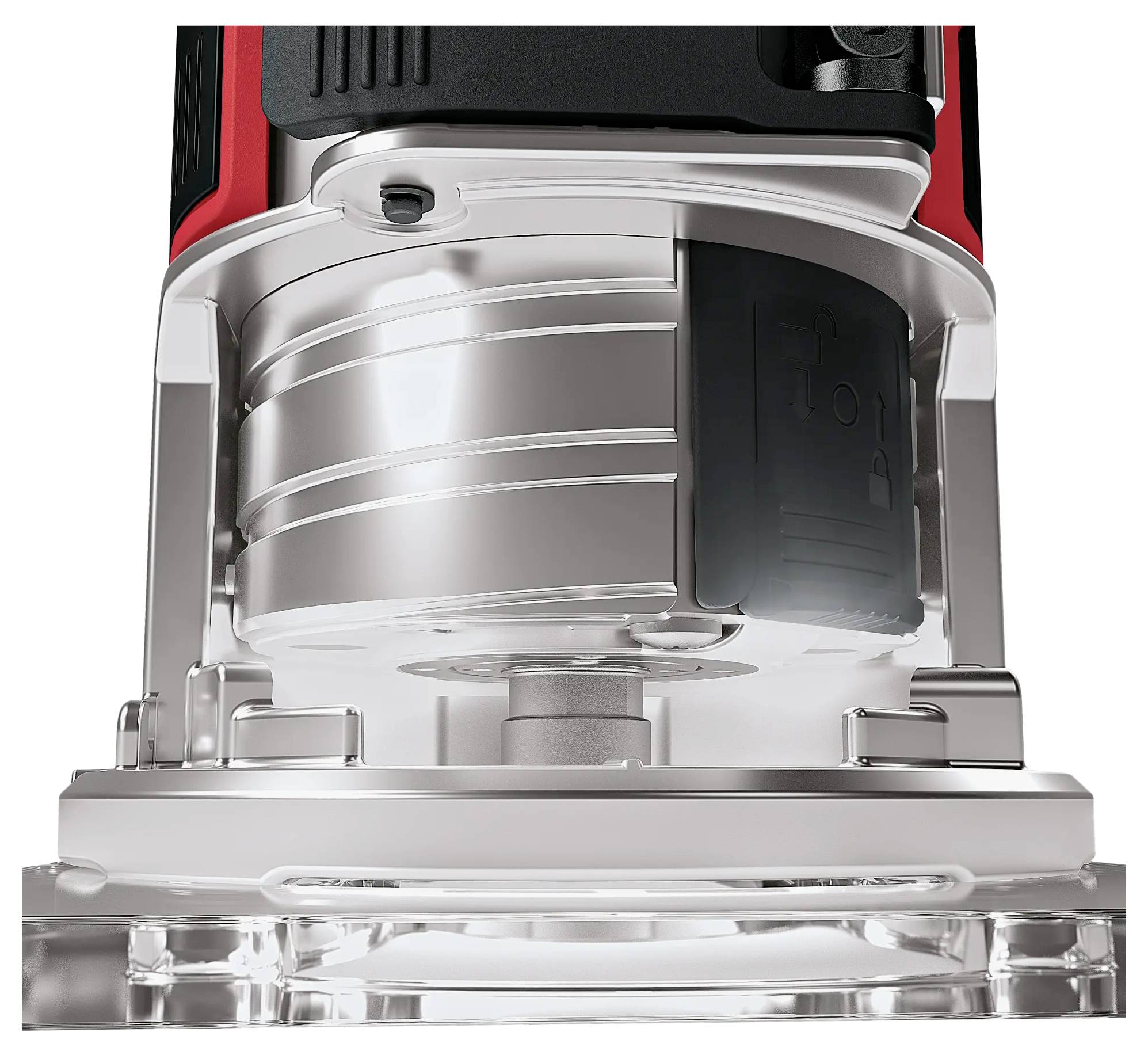 Close-up of an electric milling machine with a grey metal casing and red top. The device is standing on a transparent base.