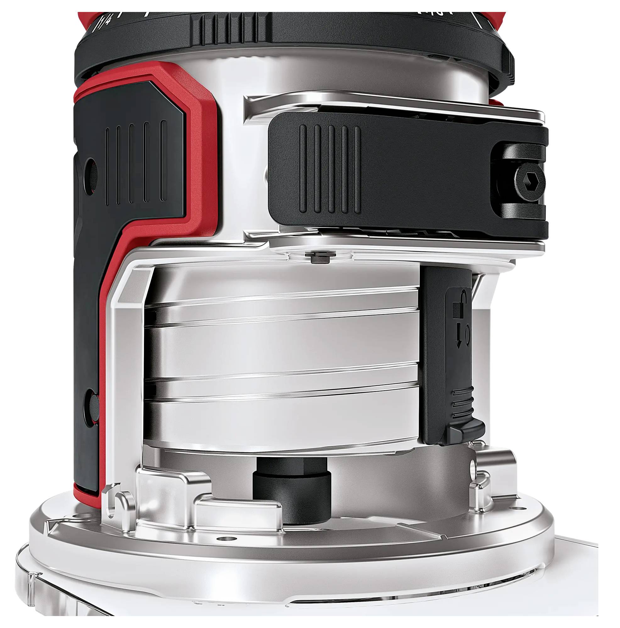 Close-up of an electromechanical device with metal and plastic components in black and red.