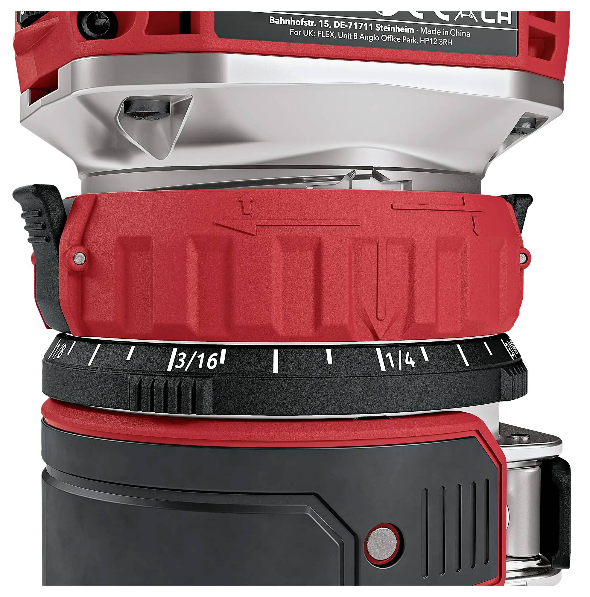 A detailed close-up of a machine component showing precise adjustment options with clear markings. The primary colours are red and black.