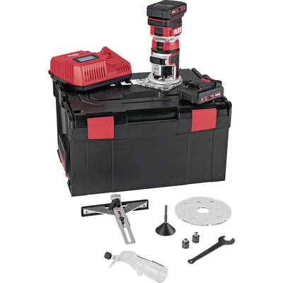 Tool set consisting of a cordless router on a black toolbox, charger and additional accessories for woodworking.