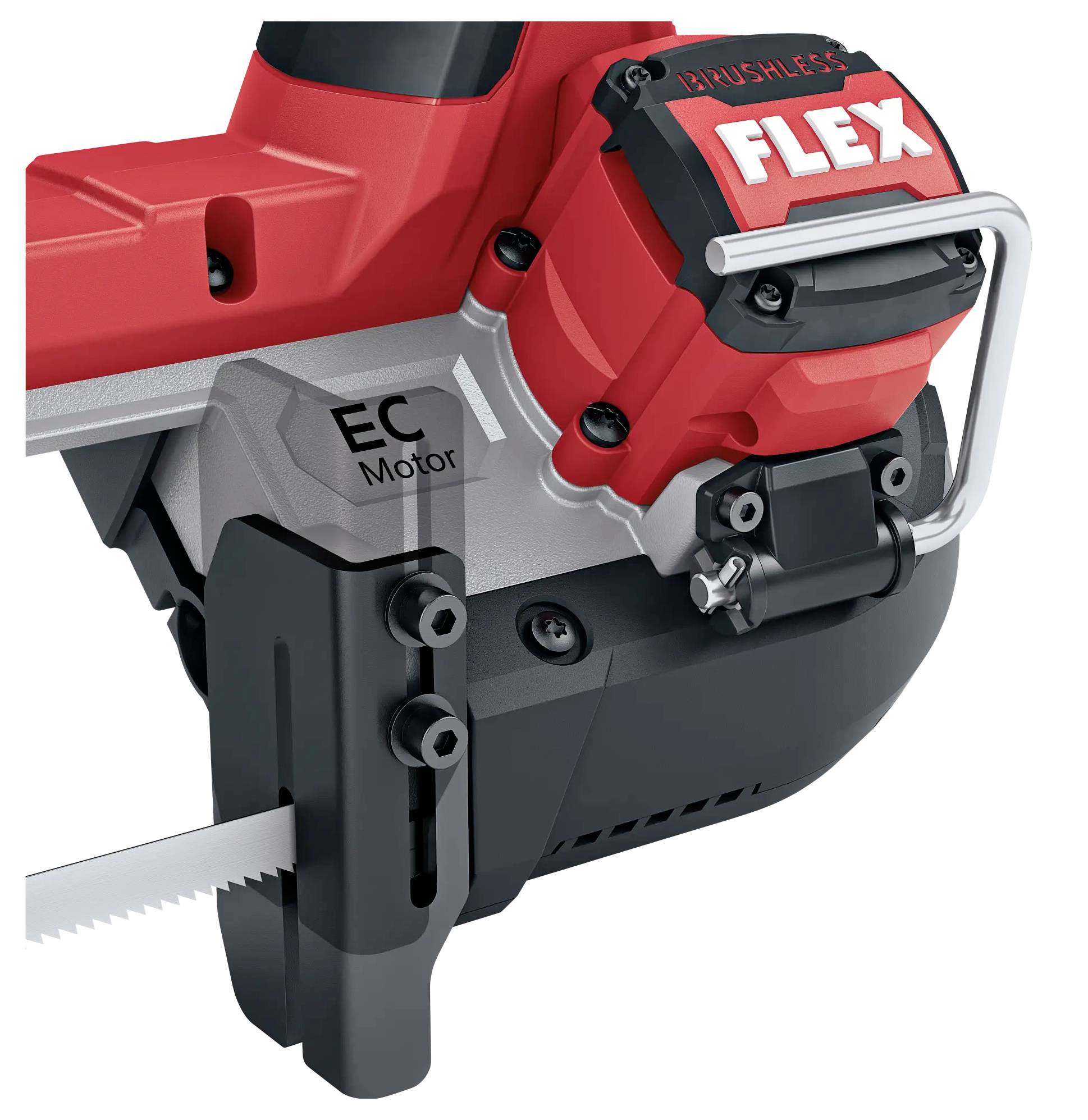 'Close-up of a red power tool with the inscription "EC Motor". A saw blade is visible at the bottom.'