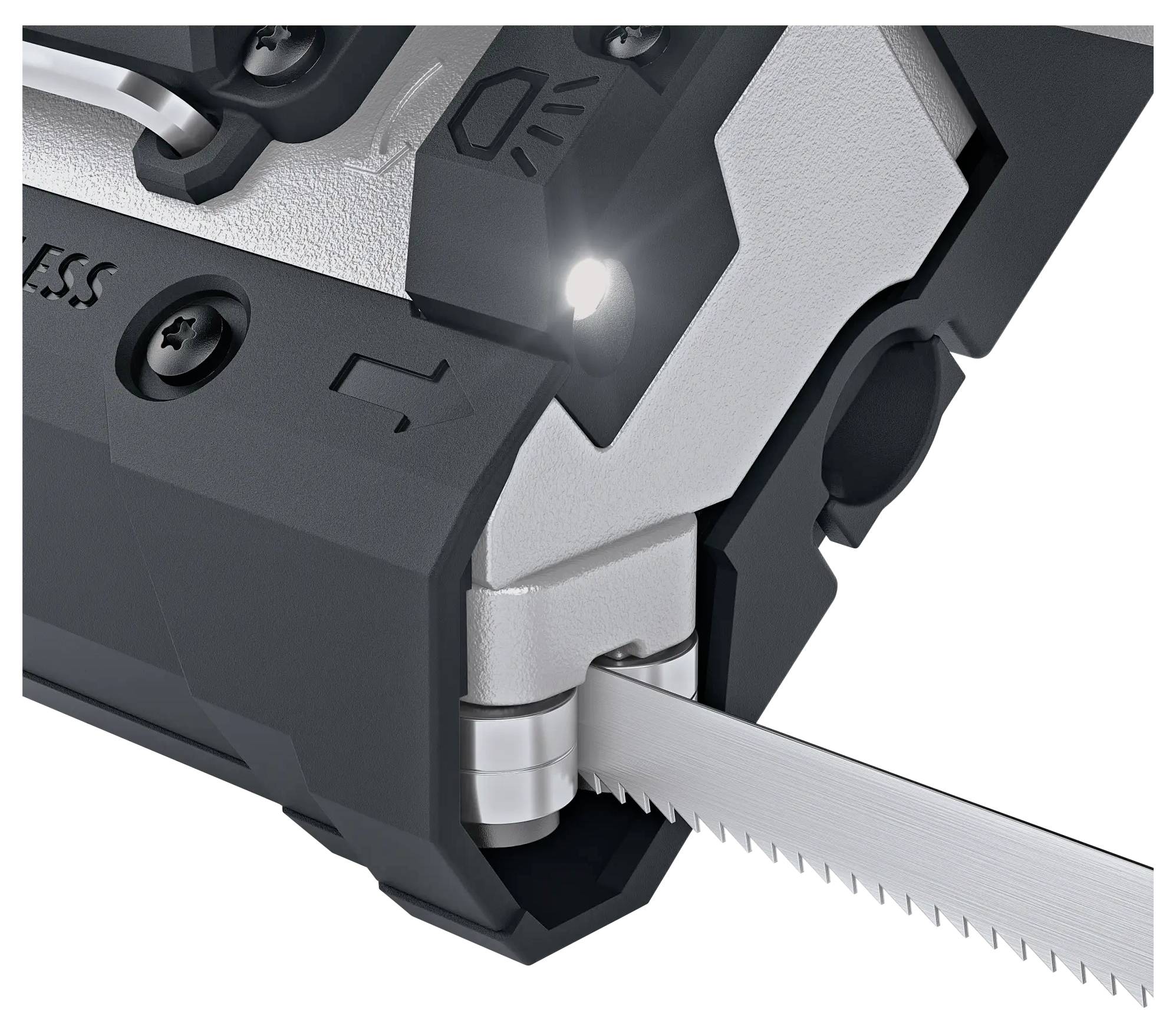 Close-up of an electric jigsaw with an illuminated LED light directed at the saw blade to provide better visibility.