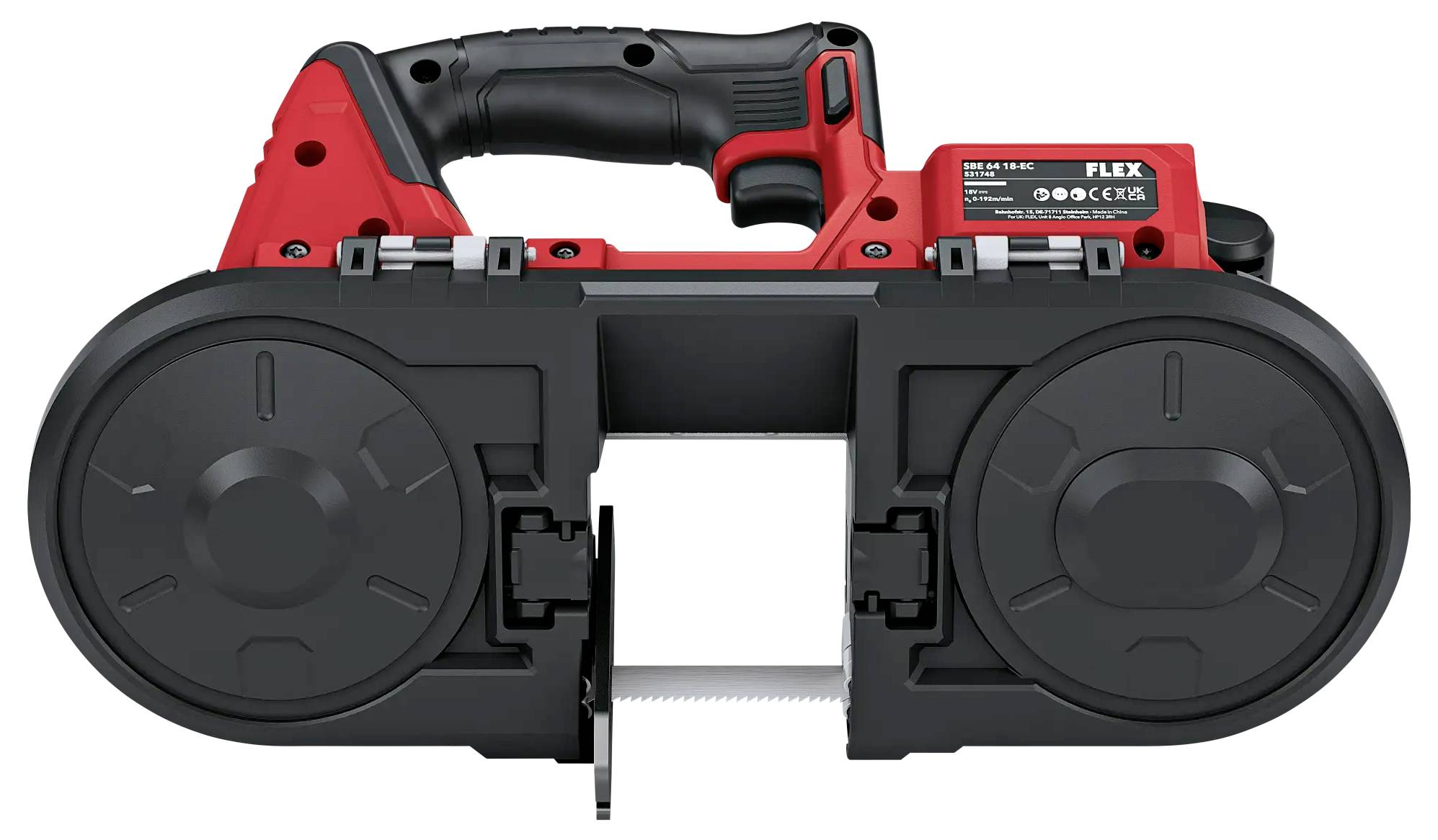 A red and black handheld hacksaw with a visible saw blade and handle, suitable for precise cutting of metal or wood.