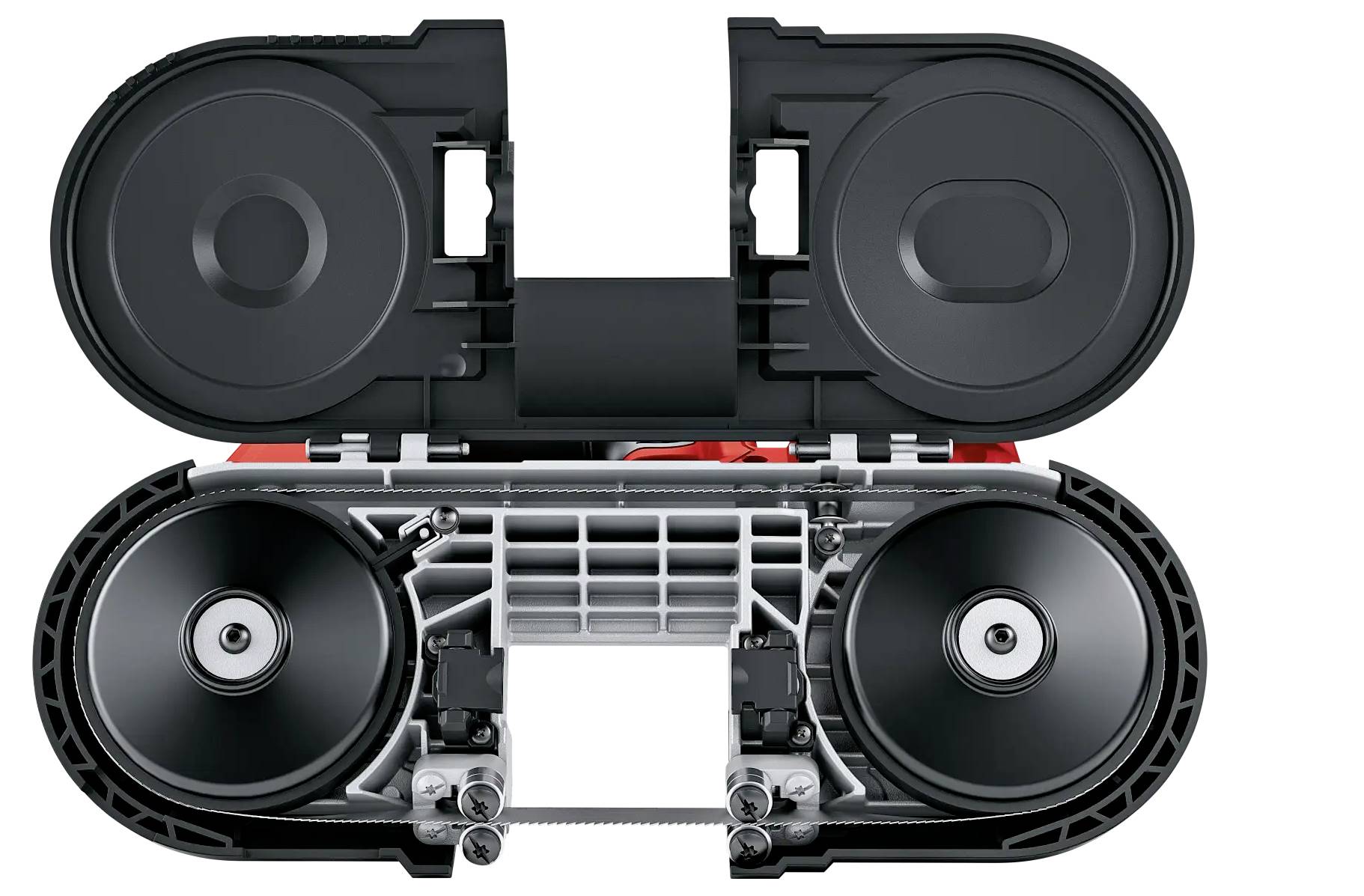 'An electric hand bandsaw tool with an open cover lid reveals the saw blades and roller mechanism inside.'