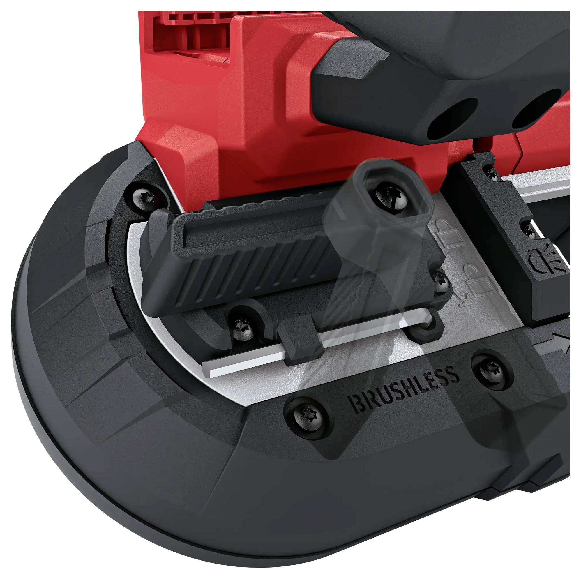 Close-up of a red, brushless electric tool with a black casing, demonstrating precise craftsmanship and robust construction.