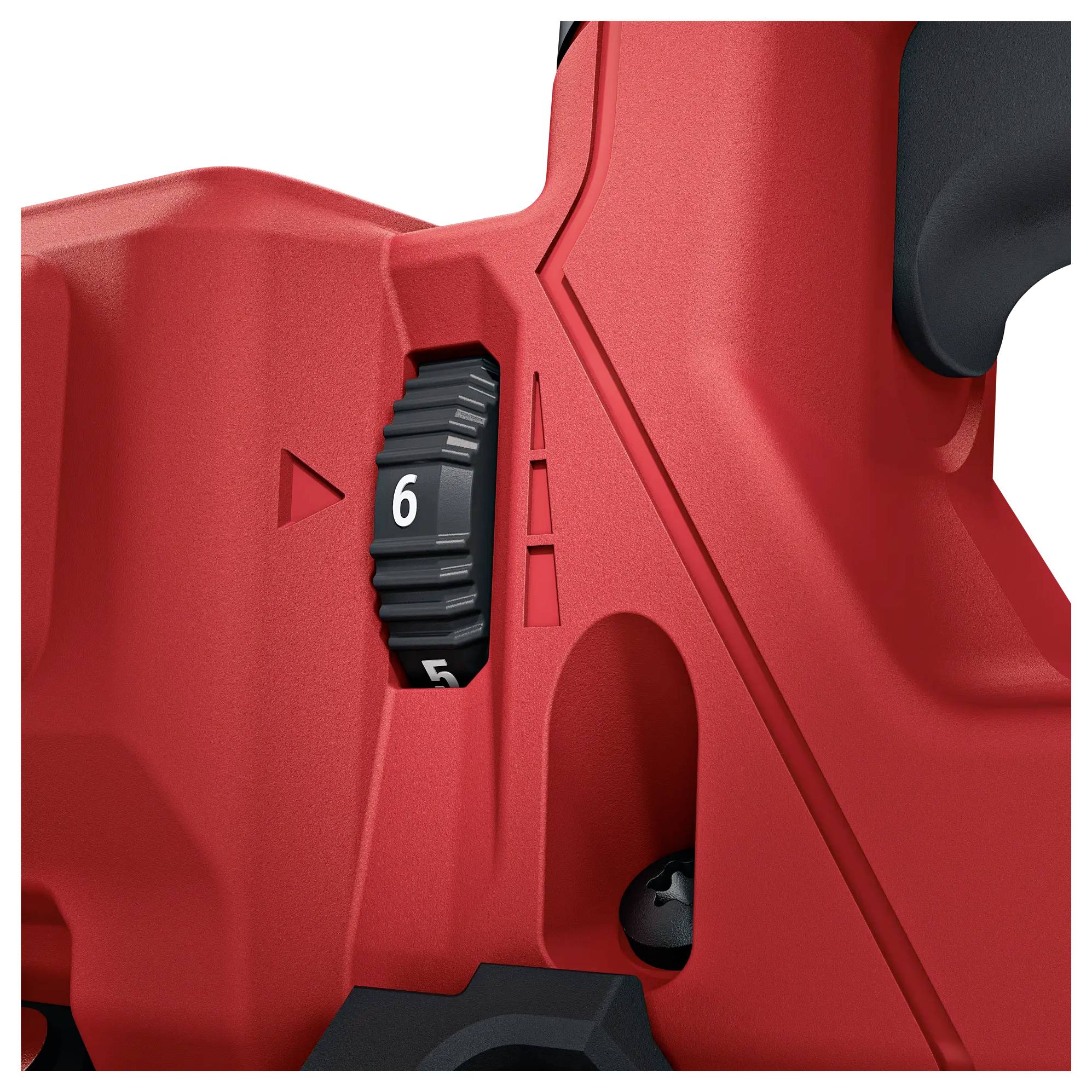 Close-up of a red tool with a black adjustment dial set to '6'. An arrow points to the dial to highlight the setting.