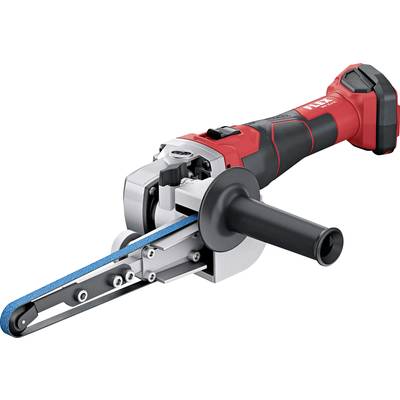 A cordless belt sander with a red handle and blue sanding belt. Suitable for precise sanding work on various surfaces.