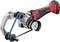A red, portable electric tool with a sanding belt and handle, suitable for grinding or polishing pipes and surfaces.