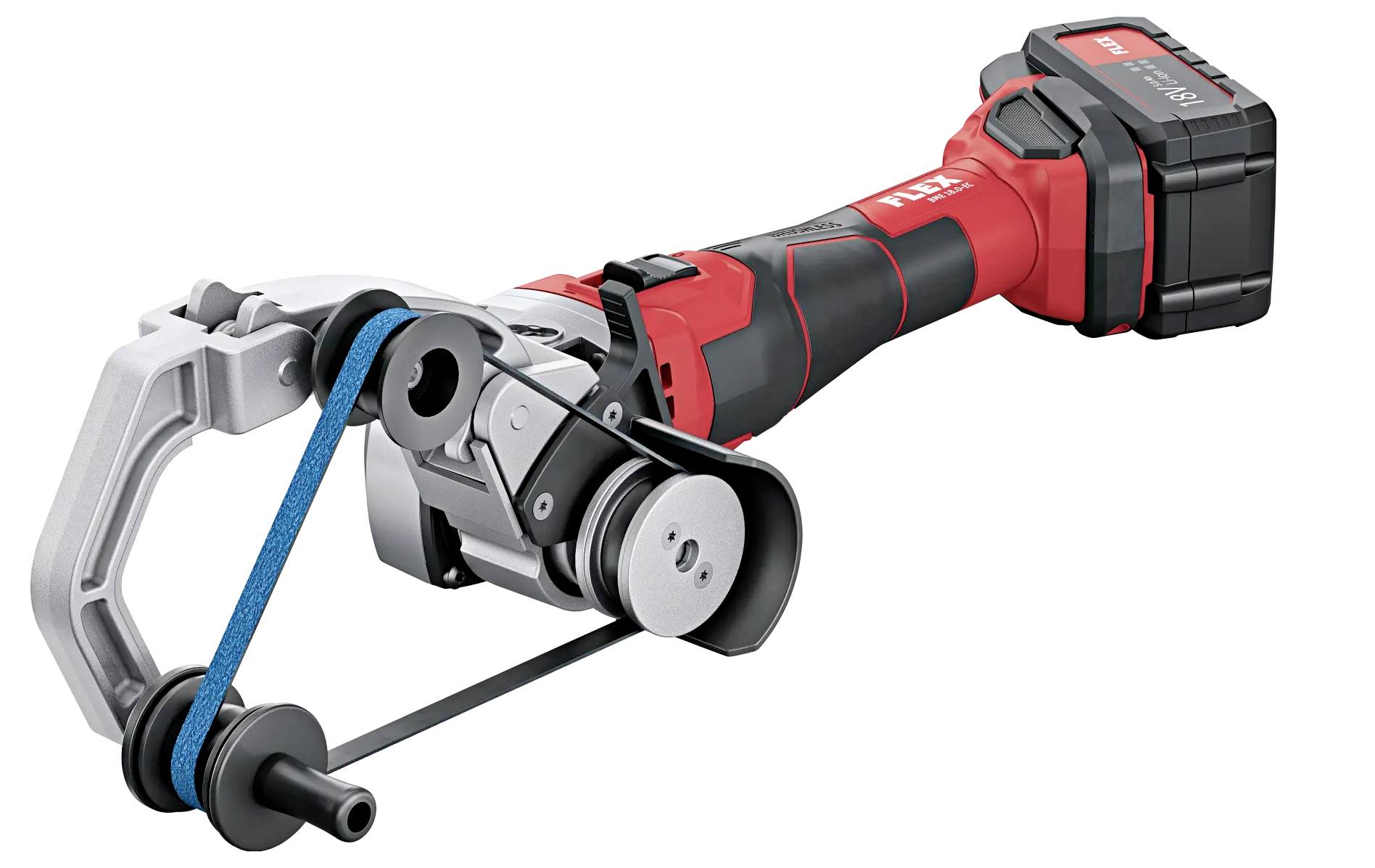 A cordless band tensioning electric tool with a red handle and black battery, used for tensioning bands in industrial applications.
