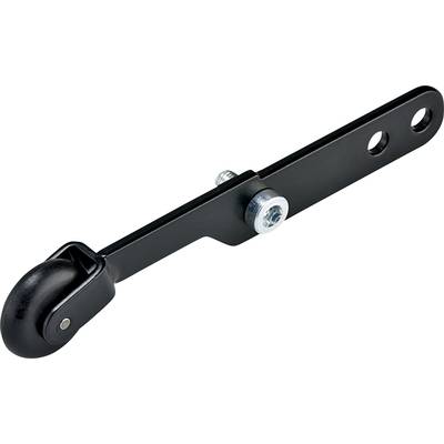 'Black support wheel with metal mounting bracket and bolt, suitable for bicycle accessories.'