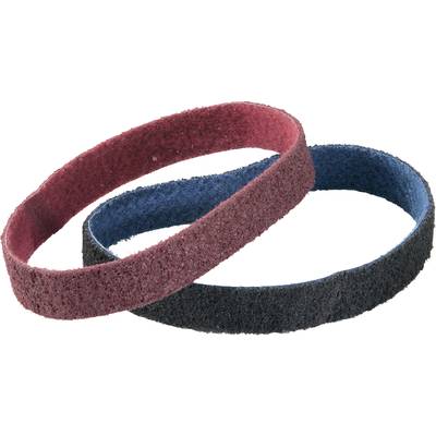 Two grinding belts, one red and one blue, intersect. They are used for grinding materials.