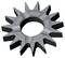 A dark grey cogwheel with eleven sharp teeth evenly spaced.