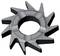 A black gear wheel with twelve prominent teeth pointing outwards.