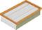 Rectangular air filter with an orange frame and white pleats, used for air purification in vehicles or machinery.