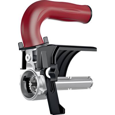 Manual meat mincer with a red handle, black body, and silver metal gear wheel, side view.