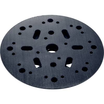 A black sanding disc with multiple holes of varying sizes, suitable for mounting on a power tool.