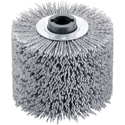 Grey abrasive wire brush with cylindrical shape, bristles made from robust material, central mounting point for attachment to a machine.