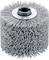 Grey abrasive wire brush with cylindrical shape, bristles made from robust material, central mounting point for attachment to a machine.