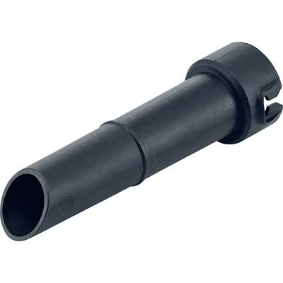 A black, cylindrical plastic wall plug used for securing materials.