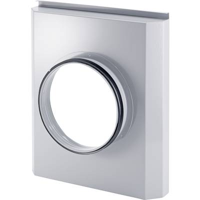 Metal adapter for pipes, rectangular shape with a round connection in the centre. Used for connecting ventilation components.