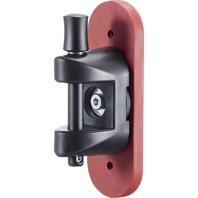 A black metal hinge bracket mounted on a red plate, suitable for industrial fixings and heavy-duty doors.
