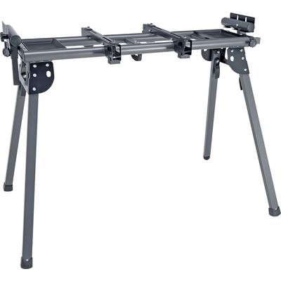 A black, folding saw table with robust metal legs, suitable for supporting cutting work in workshops.