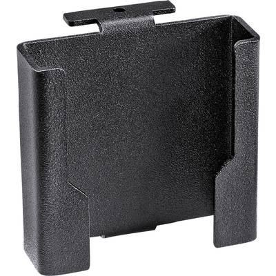 A black metal holder with a rectangular shape and openings on the sides, likely for mounting or holding an object.