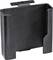 A black metal holder with a rectangular shape and openings on the sides, likely for mounting or holding an object.