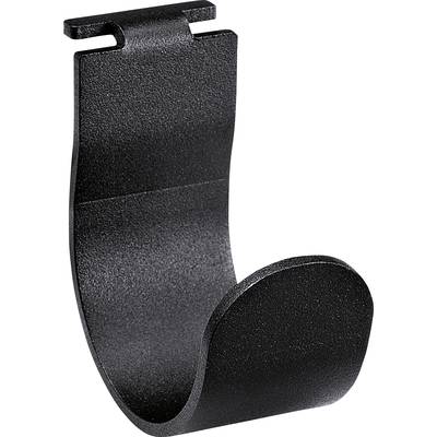 A black plastic wall hook designed for mounting on a rail. Ideal for hanging bags or clothing items.