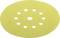 Yellow circular sanding paper with multiple holes, used for sanding work in surface finishing.
