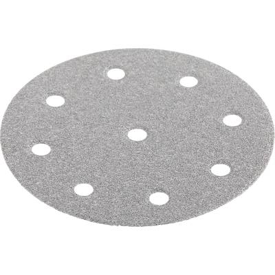 Grey, circular sandpaper with nine symmetrically distributed holes.