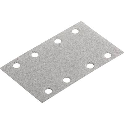 A rectangular piece of sandpaper with eight symmetrically distributed holes.