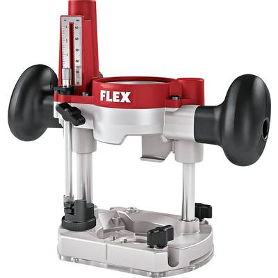 'Flex router with a red casing and black handles, featuring vertical milling depth adjustment, mounted on a metal base.'