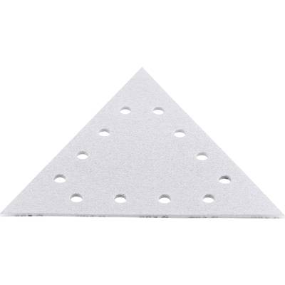 A triangular sandpaper with multiple round holes, suitable for multifunctional sanding tools.