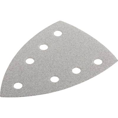 Grey, triangular sandpaper with seven round holes.