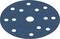 A round, blue sandpaper with several holes evenly distributed.