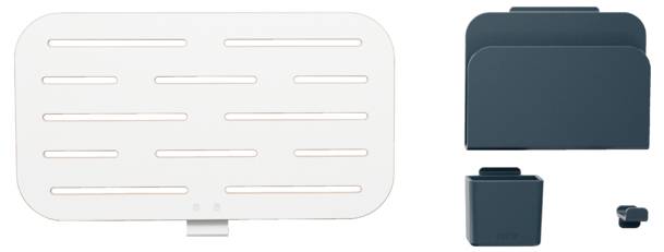 White, rectangular wall-mounted shelving unit with horizontal slots, next to dark, stackable storage boxes of varying sizes.