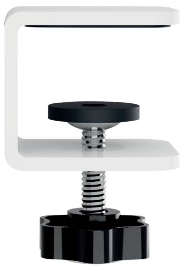 White C-shaped bench vice with black screw and turning handle, suitable for fixing to a surface.