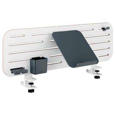 A white desk organiser with black clips, a storage tray, a pen holder, and an adjustable plate for wall mounting.