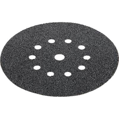 Black grinding disc with a circular shape and multiple holes at regular intervals. Used for surface treatment.