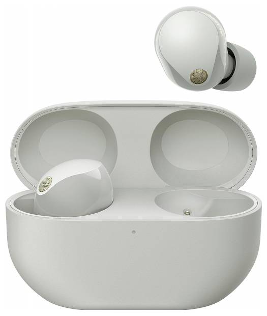 Wireless white earbuds in an open charging case, with one earbud enlarged to show golden details.