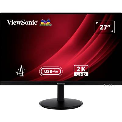 A ViewSonic monitor with a 27-inch screen diagonal, USB-C port and 2K QHD resolution. Screen displays red wave patterns.