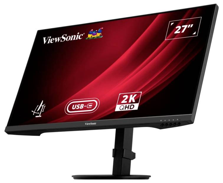 A 27-inch ViewSonic monitor with 2K QHD resolution and USB-C connectivity on a black stand.