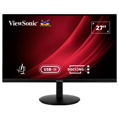 A 27-inch monitor from ViewSonic with a USB-C port and docking function. The screen displays a red, curved design.
