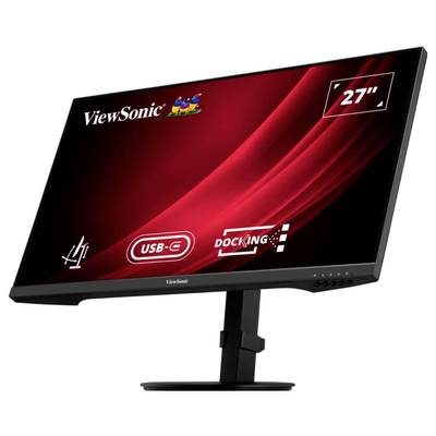 ViewSonic Monitor, 27 inches, ultra-slim, red background, supports USB-C and docking, sits on black stand.