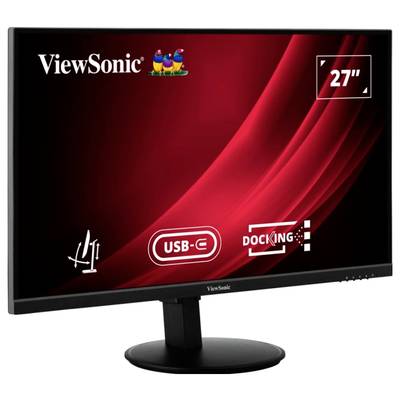 The monitor displays the 'ViewSonic' logo, a 27-inch display with a red background and symbols for USB-C and docking functionality.
