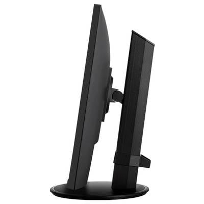 Side view of a black computer monitor with an adjustable stand.