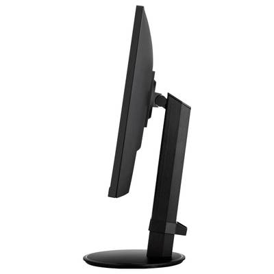 A black computer monitor viewed from the side, mounted upright on a swivel stand.